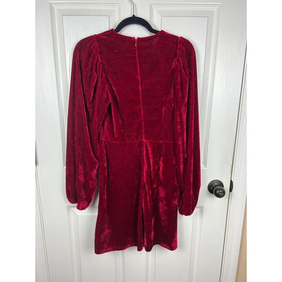 Altar’d State Red Vevlet Puff Balloon Long Sleeve Faux Wrap Dress Medium - Picture 7 of 8
